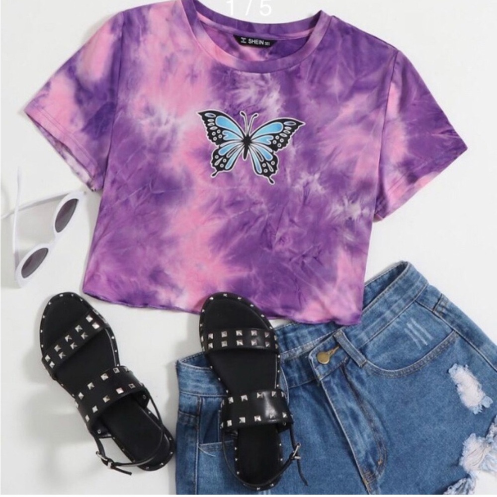 SHEIN Purple Tie-Dye Butterfly Tee NWOT